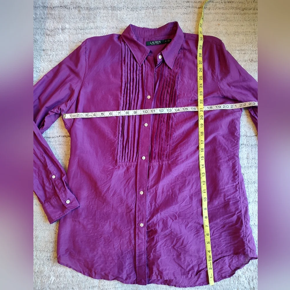 Lauren Ralph Lauren Magenta Pintuck Cotton Silk Blend Button Down Size 16 - Picture 7 of 9
